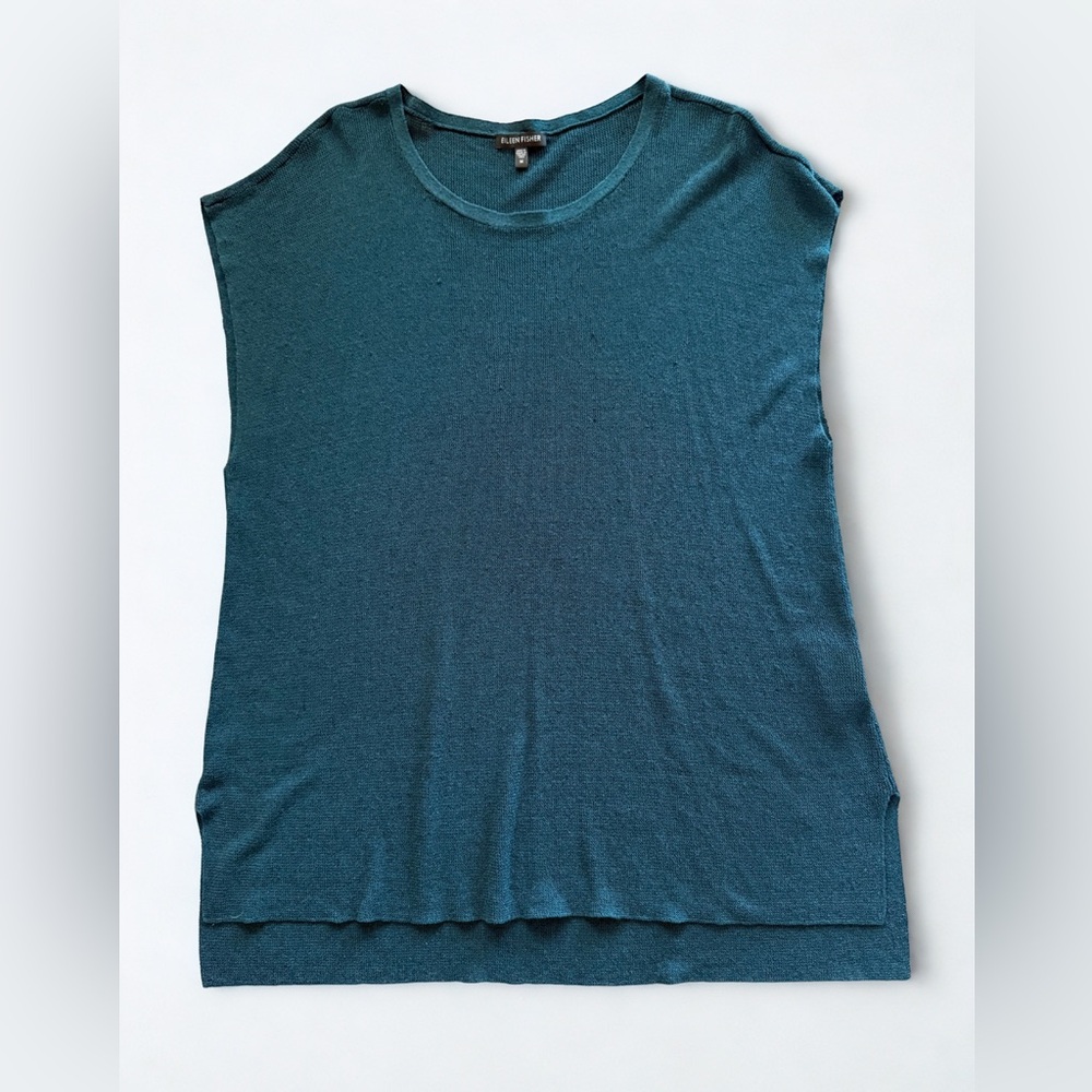 Eileen Fisher Teal Linen Blend Women's Sleeveless Sweater